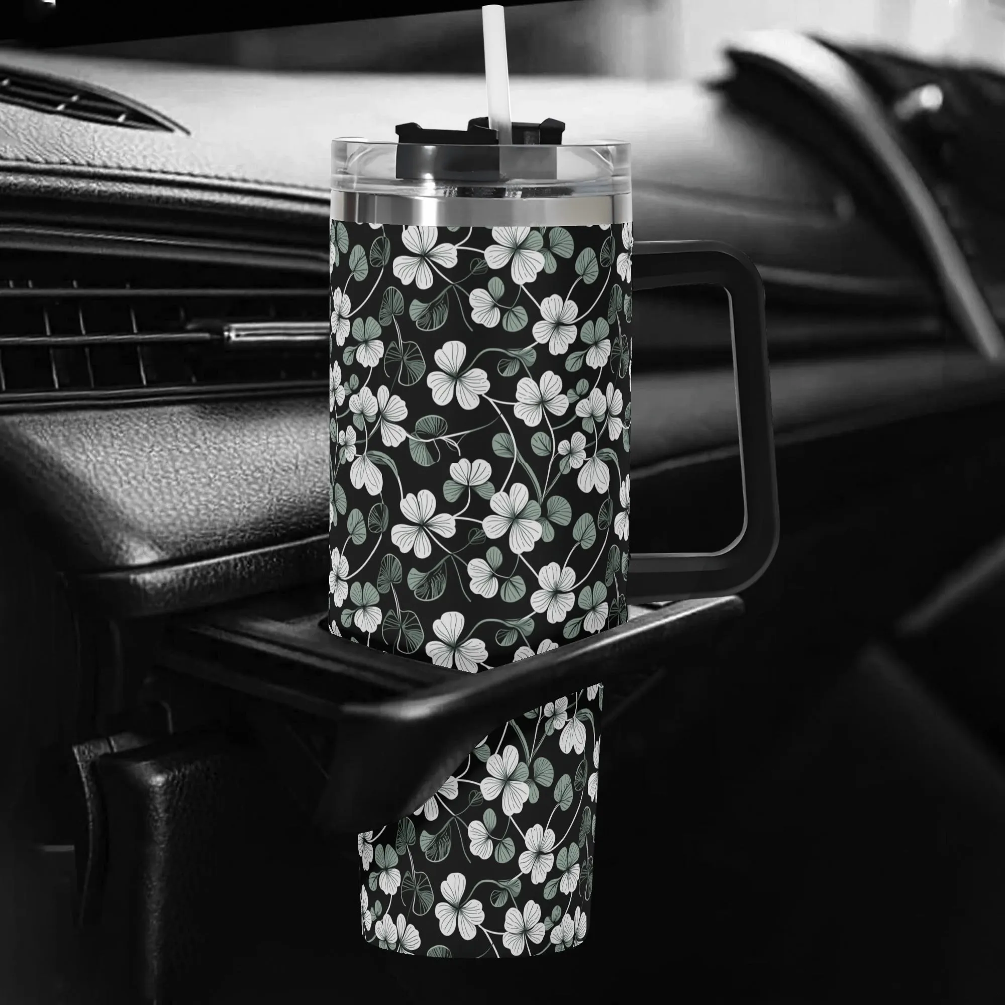 White and Green Clover 40oz Stainless Steel Tumbler Gift With Black Handle and Straw