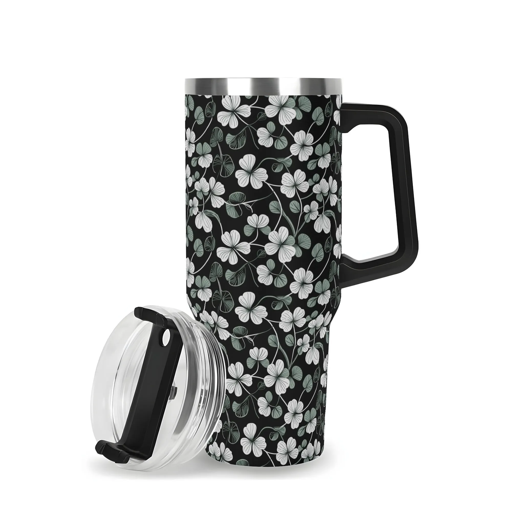 White and Green Clover 40oz Stainless Steel Tumbler Gift With Black Handle and Straw