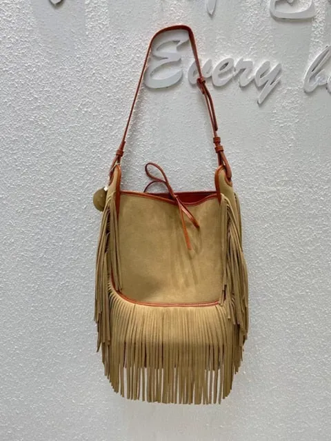 Womens Nubuck Genuine Leather Fashion Tassel Shoulder Bag