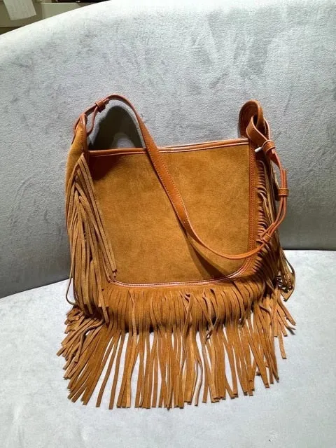 Womens Nubuck Genuine Leather Fashion Tassel Shoulder Bag
