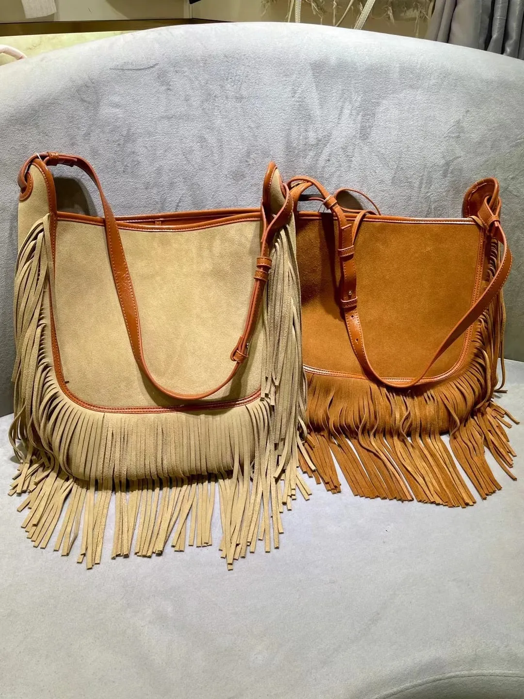 Womens Nubuck Genuine Leather Fashion Tassel Shoulder Bag